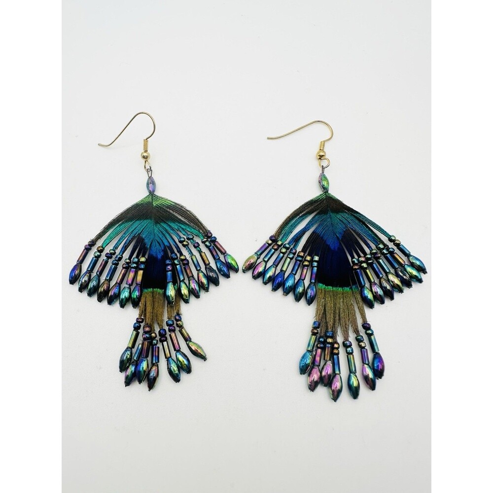 Vintage Artisan Peacock Feather Bead Dangle Earrings